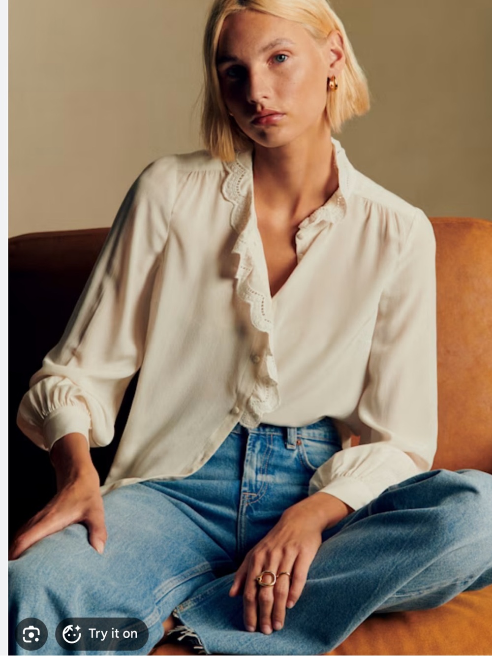 Sezane Lace-Trim Cream Blouse size 36